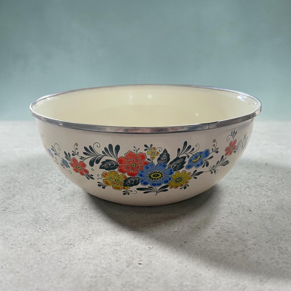Vintage Kobe Kitchen Enamel Floral Mixing Bowl Made in Japan 10.5" Cottage Core